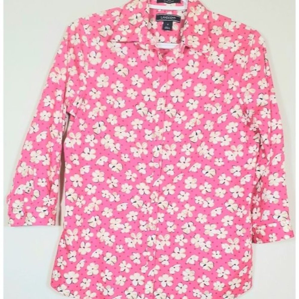 Lands' End Women's Sz.2 button down shirt no iron Supima cotton Floral Hot Pink